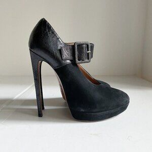 Alaia Black Suede Lizard Skin Buckle Detail Platform Super High Stilettos 41